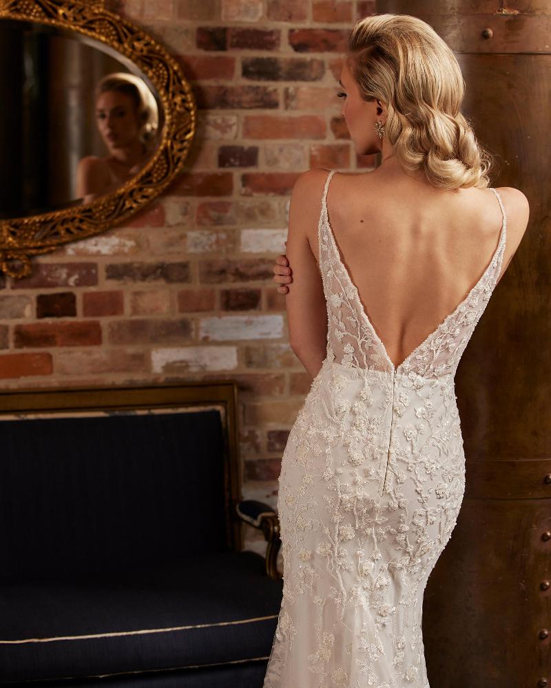 La22238 sparkly backless wedding dress with fitted sheath silhouette and spaghetti straps4
